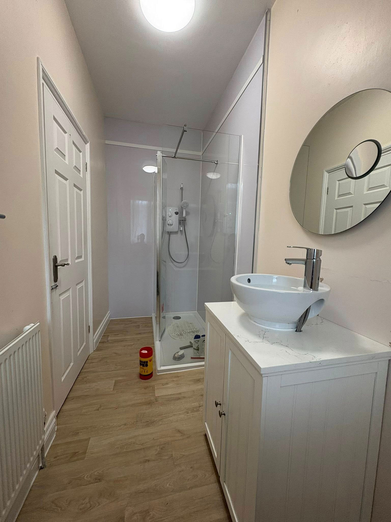 walk in shower and sink